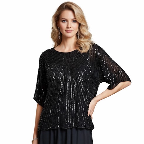 Frank Usher Vintage 1980 100% Silk Sequin Beaded Top Evening Crew Lined Black L - Picture 1 of 16